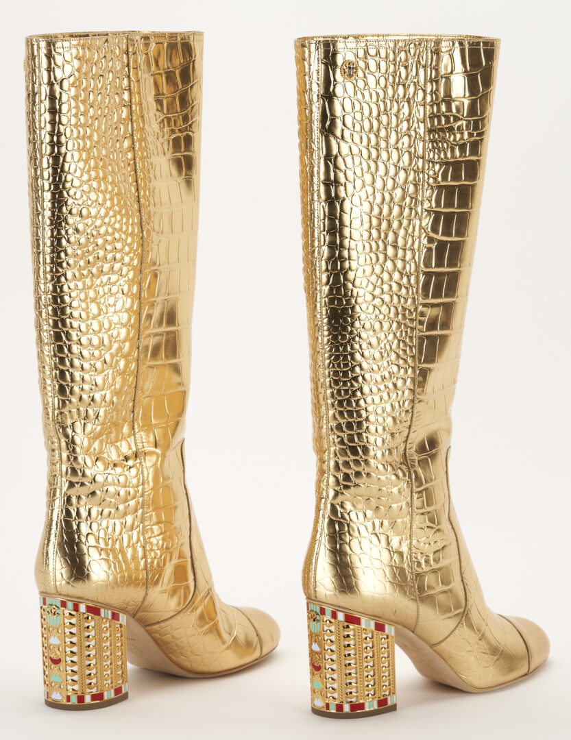 Lot 1174: Chanel Gold Crocodile Embossed Calfskin Boots W/ Jeweled Block Heels