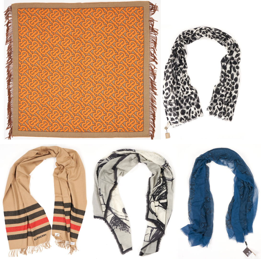 Lot 1186: 5 Burberry Throw & Scarves, incl. Monogram, Icon Stripe, Henry Moore