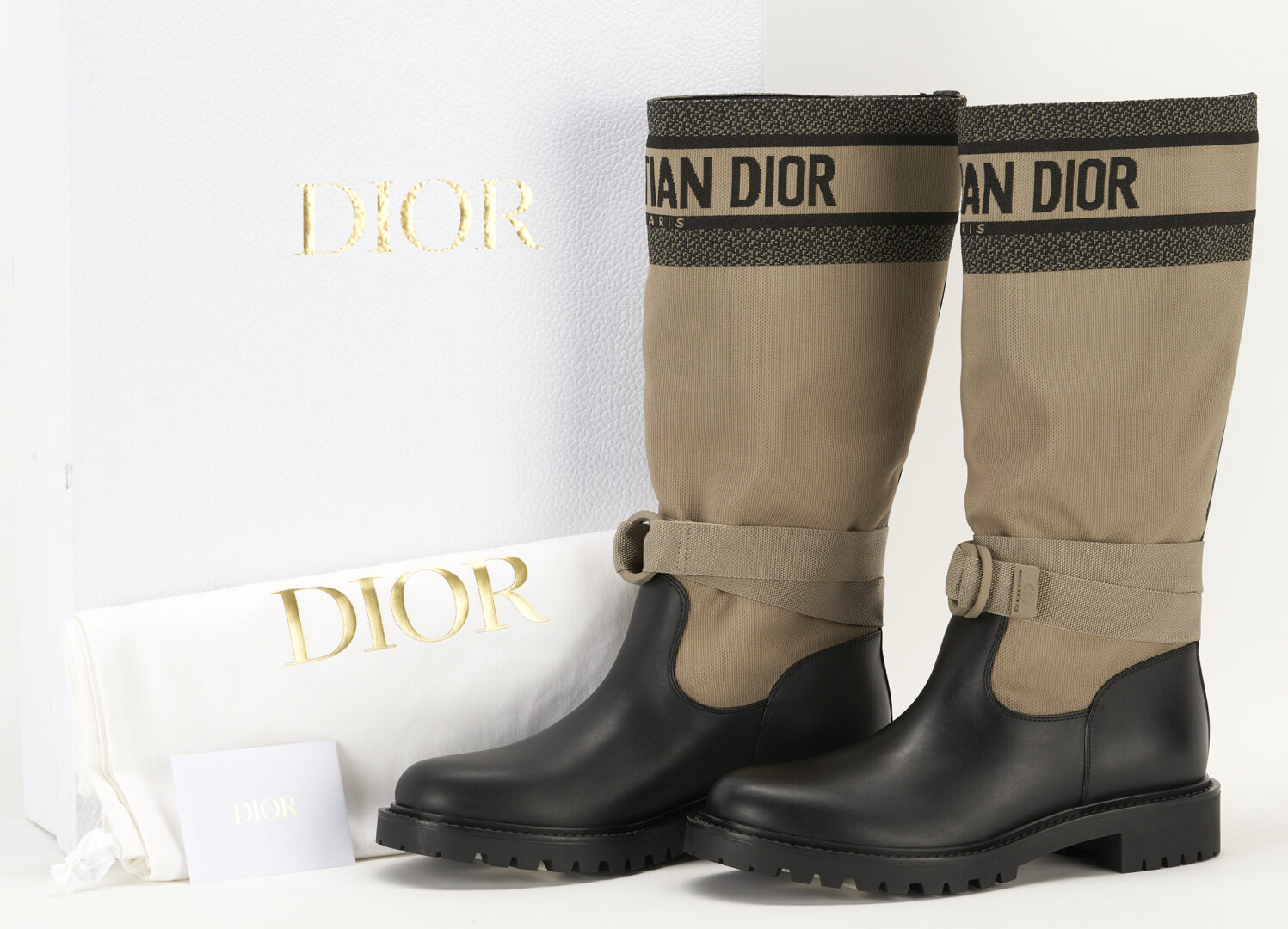 Lot 1200: Dior D-Major Taupe Fabric & Black Calfskin Boots
