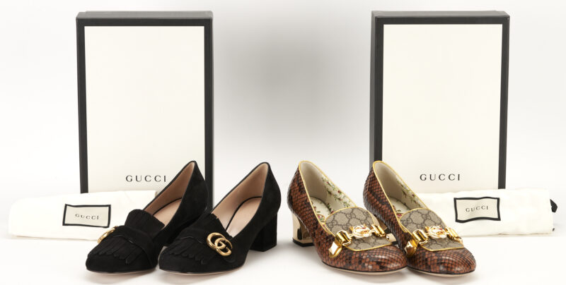 Lot 1224: 2 Prs of Gucci Loafer Style GG Pumps, incl. Suede Marmont & Supreme Python Tiger Head