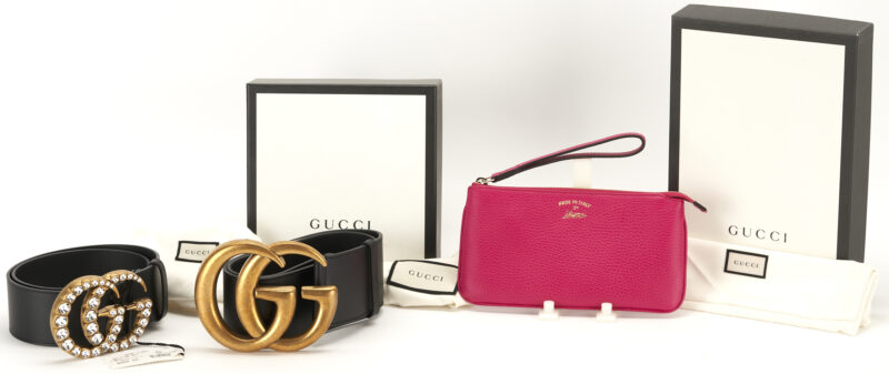 Lot 1227: 3 Gucci Items, incl. 2 GG Marmont Wide Belts, Crystal & Oversized Plus Wrist Wallet