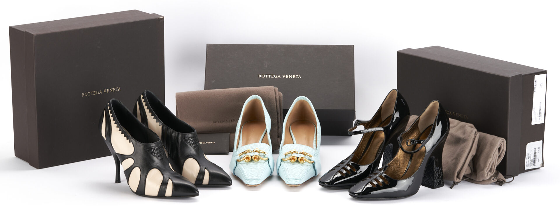 Lot 1232: 3 Pairs of Bottega Veneta Shoes, incl. Lizard Madame Pumps, Round Toe Heels, Two-Tone Booties