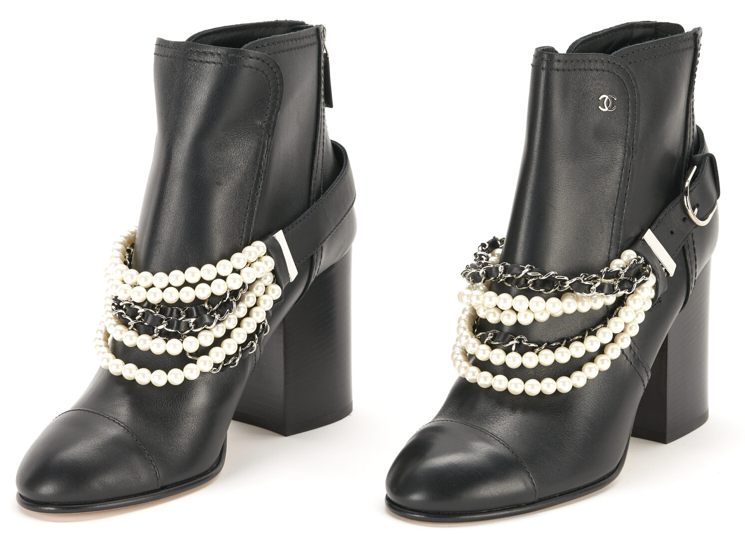 Lot 1237: Chanel Calfskin Pearl Cap Toe Ankle Boots