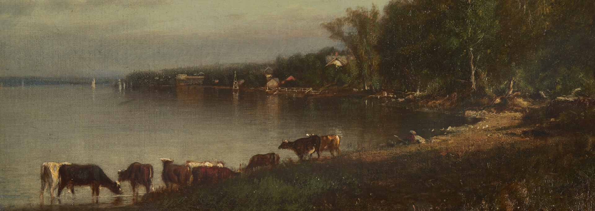 Lot 129: James McDougal Hart O/C Painting, Coastal Landscape With Cows