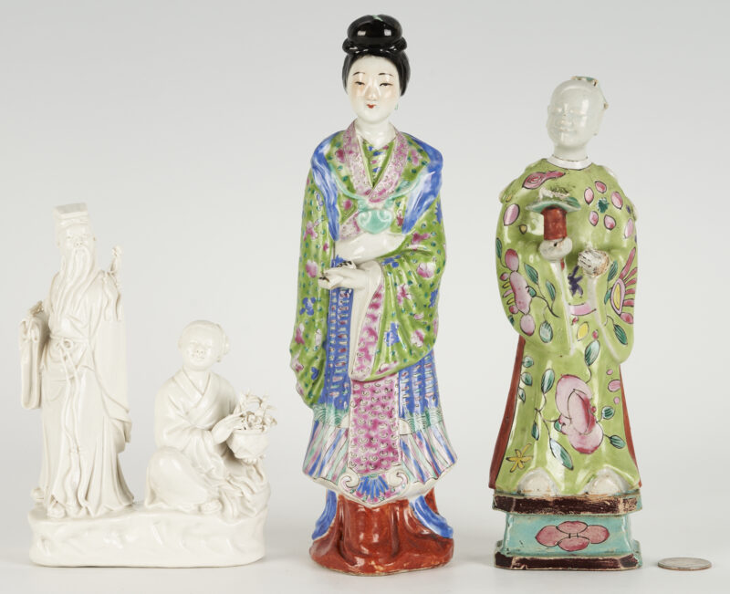 Lot 13: 3 Chinese Porcelain Figures, Polychrome and Blanc De Chine