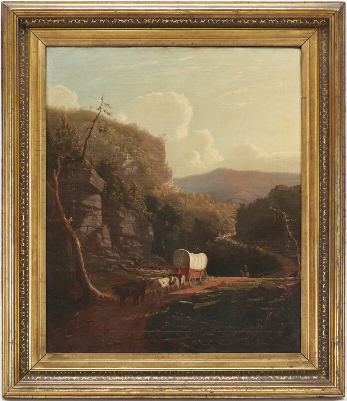 Lot 169: Western NC Mountain Landscape with Wagon and Figures, Hudson River School Style