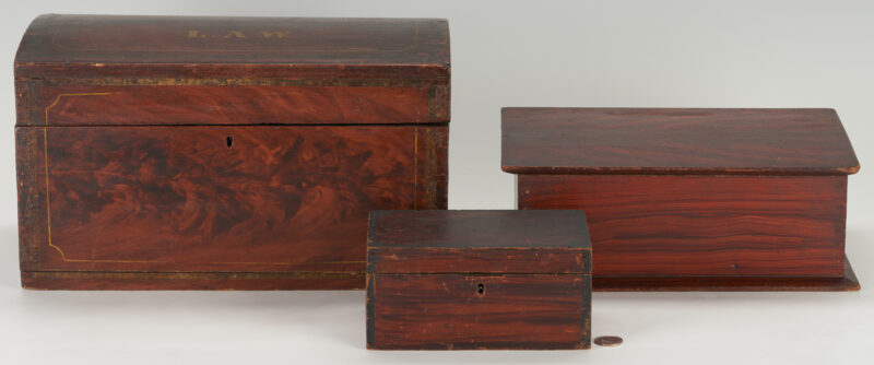 Lot 190: 3 American Folk Art Grain Painted Boxes, incl. Initialed Document Box