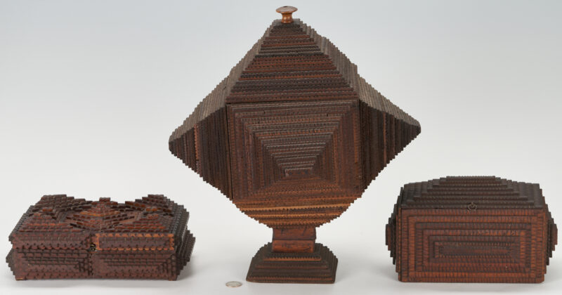 Lot 194: 3 Tramp Art Carved Wooden Boxes