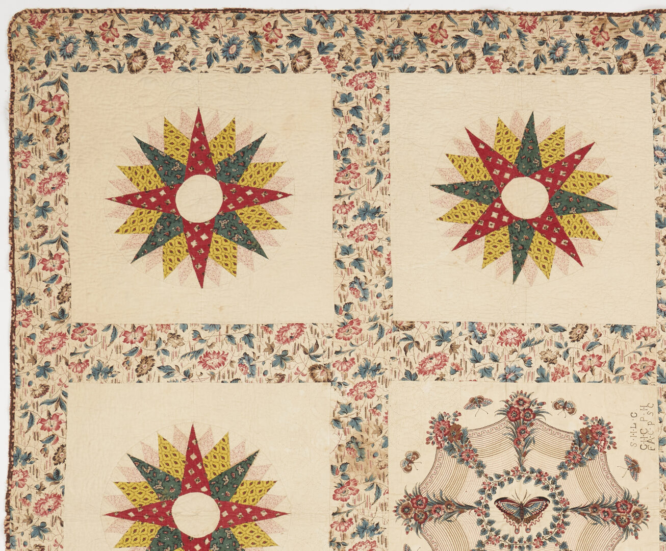 Lot 197: Southern Applique Quilt w/ Rare Chintz Butterfly Panel, dated 1845