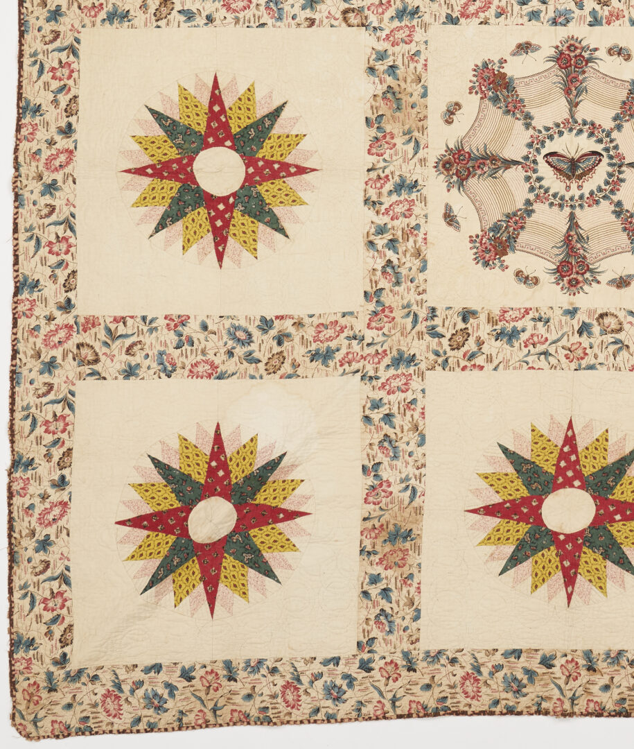 Lot 197: Southern Applique Quilt w/ Rare Chintz Butterfly Panel, dated 1845