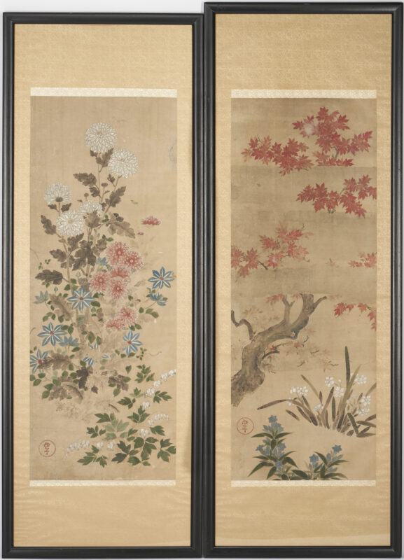 Lot 20: Pair of Framed Japanese Scroll Paintings, Summer and Spring