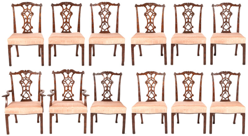 Lot 212: Set of 12 English Chippendale Style Mahogany Chairs