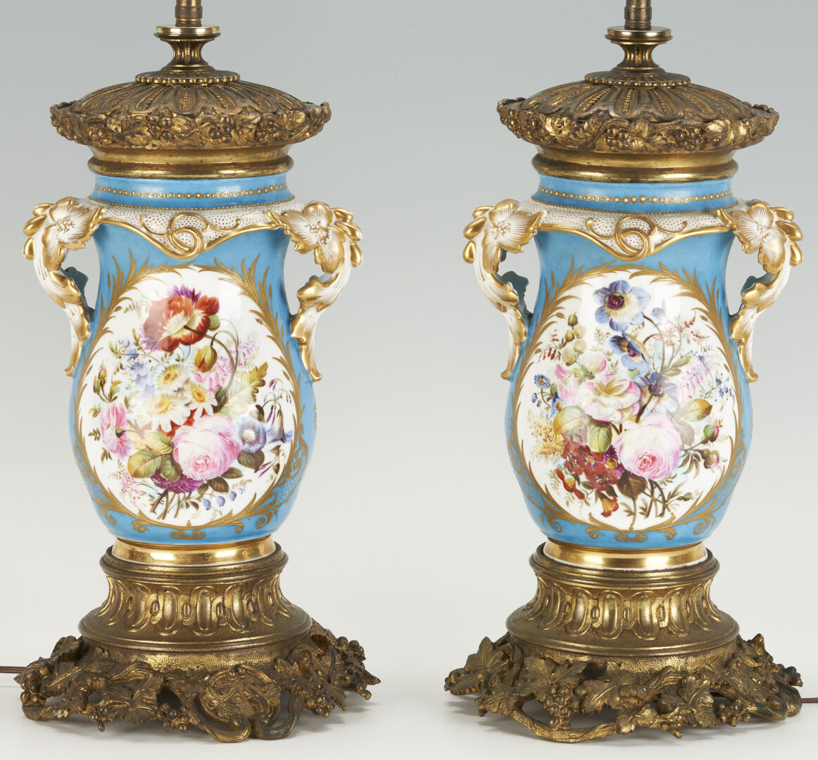 Lot 225: Pair of Sevres Style Porcelain Urns, Mounted as Lamps