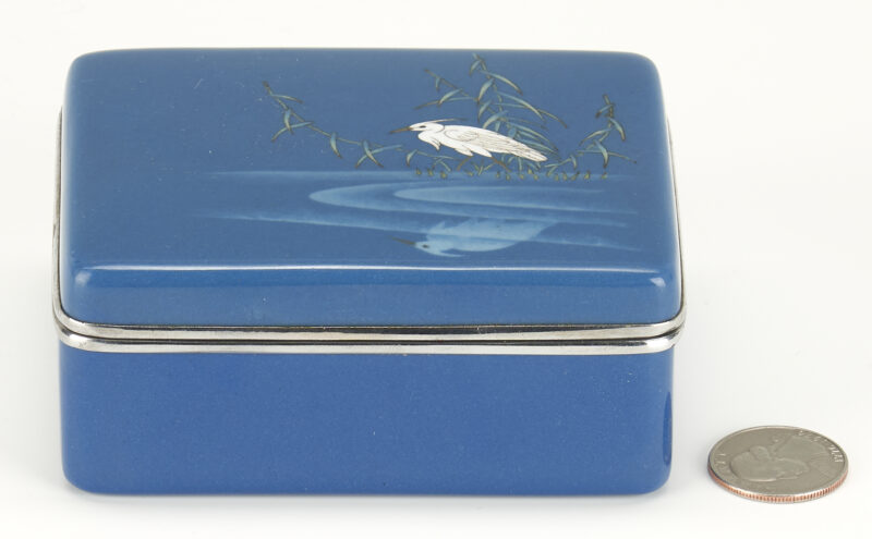 Lot 228: Cloisonne Covered Box with Egret, poss. Ando Jubei
