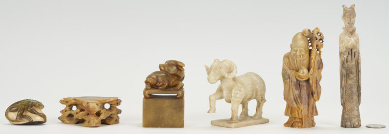 Lot 232: 5 Asian Carved Figural Items Including Jade Ram, Nut Netsuke