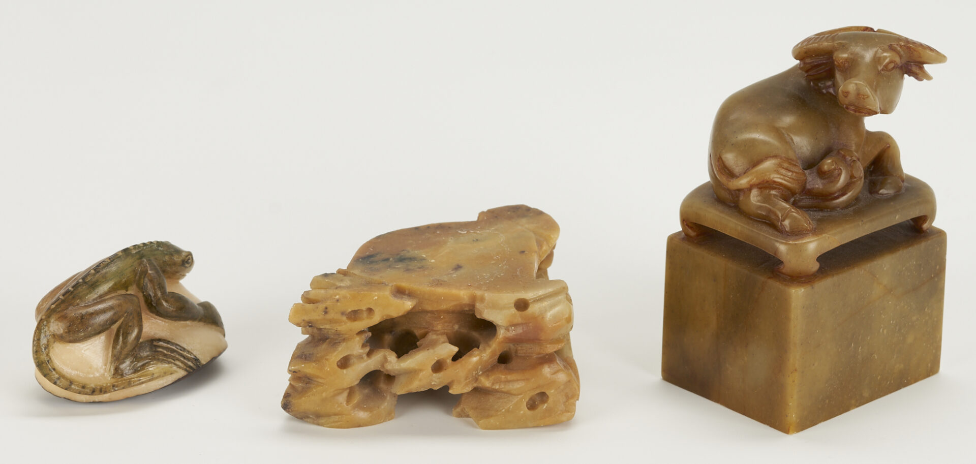 Lot 232: 5 Asian Carved Figural Items Including Jade Ram, Nut Netsuke