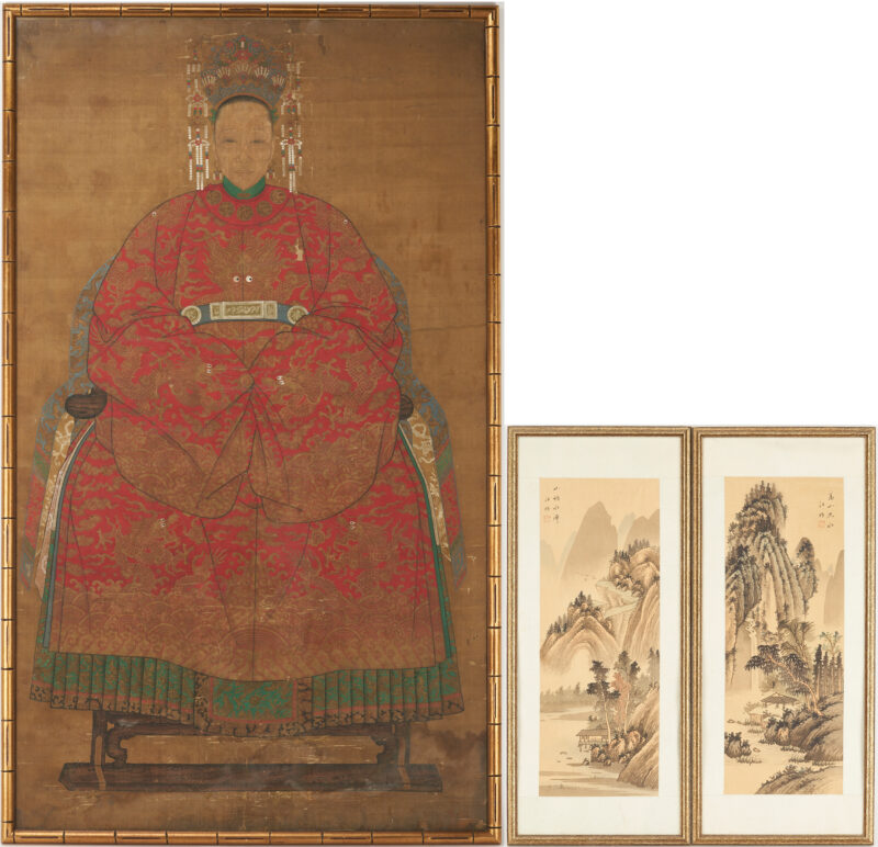 Lot 234: Early Chinese Ancestor Portrait Plus 2 Watercolor Landscapes