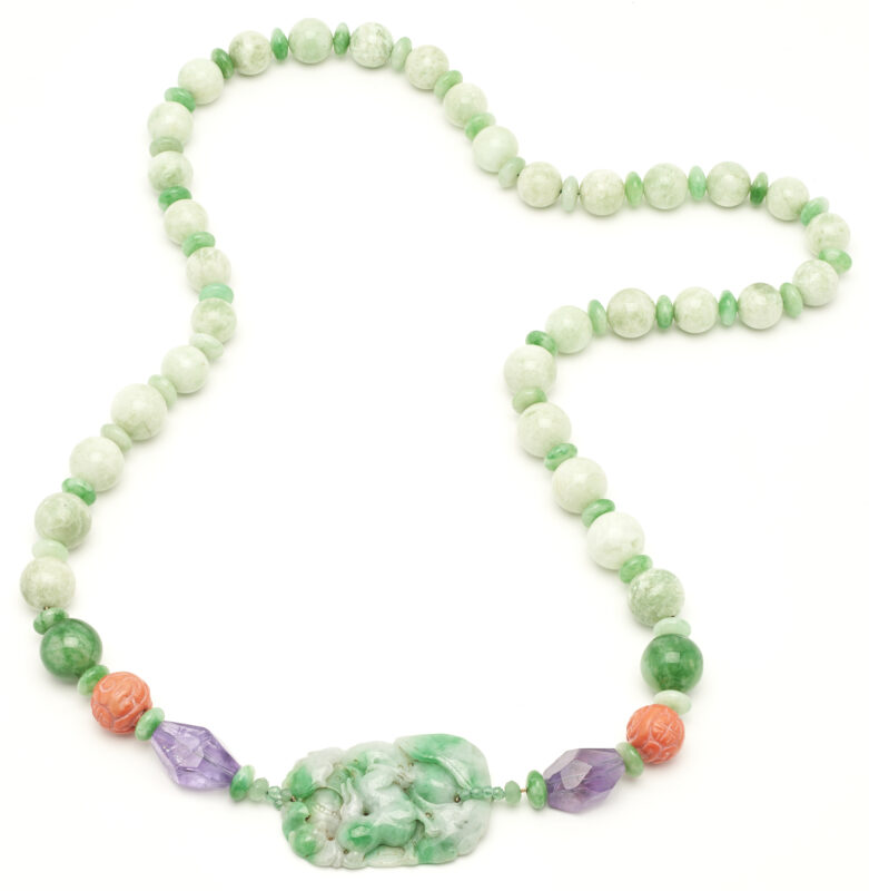 Lot 238: Chinese Carved Jadeite, Nephrite, & Gemstone Necklace