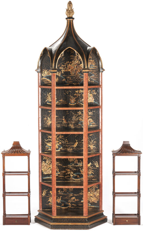 Lot 241: Chinese Lacquered Pagoda Display Cabinet & Pair Pagoda Etageres