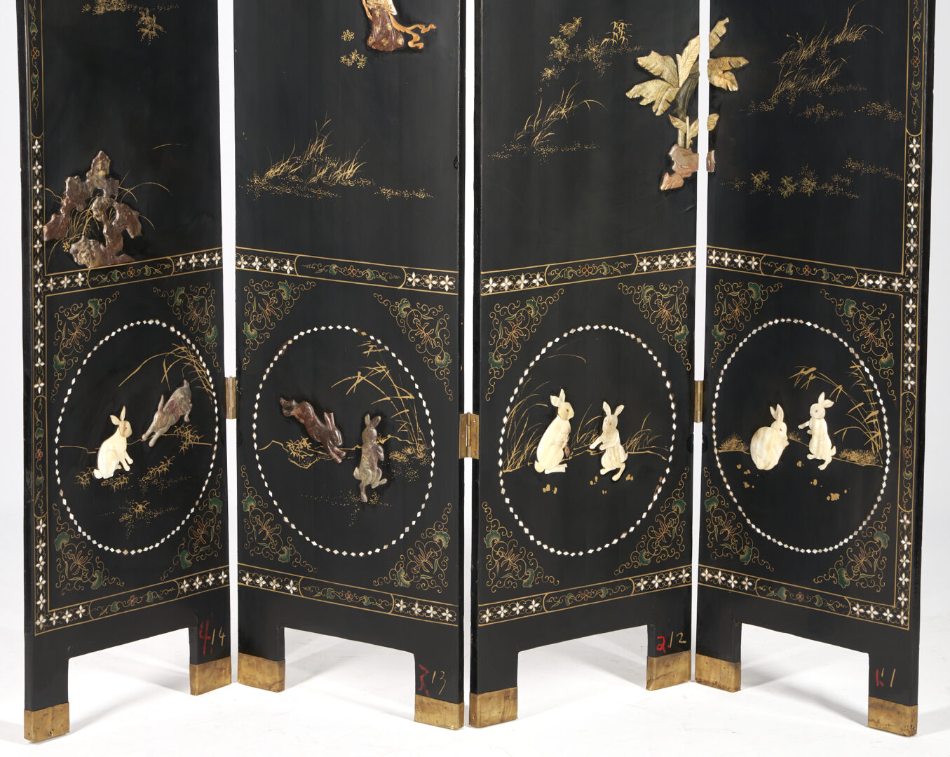 Lot 242: Chinese 4-Panel Inlaid & Hardstone Lacquer Screen