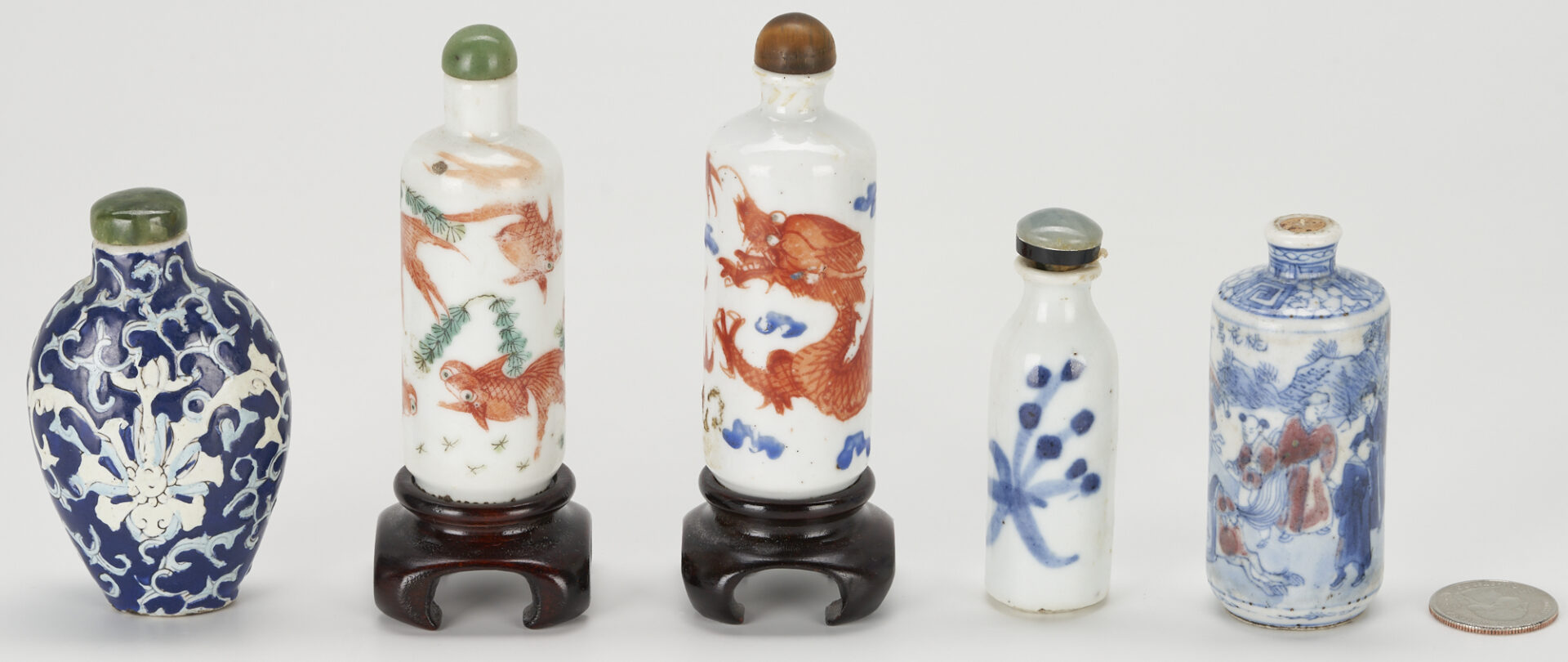 Lot 244: 5 Asian Porcelain Snuff Bottles including Fish, Dragon decoration