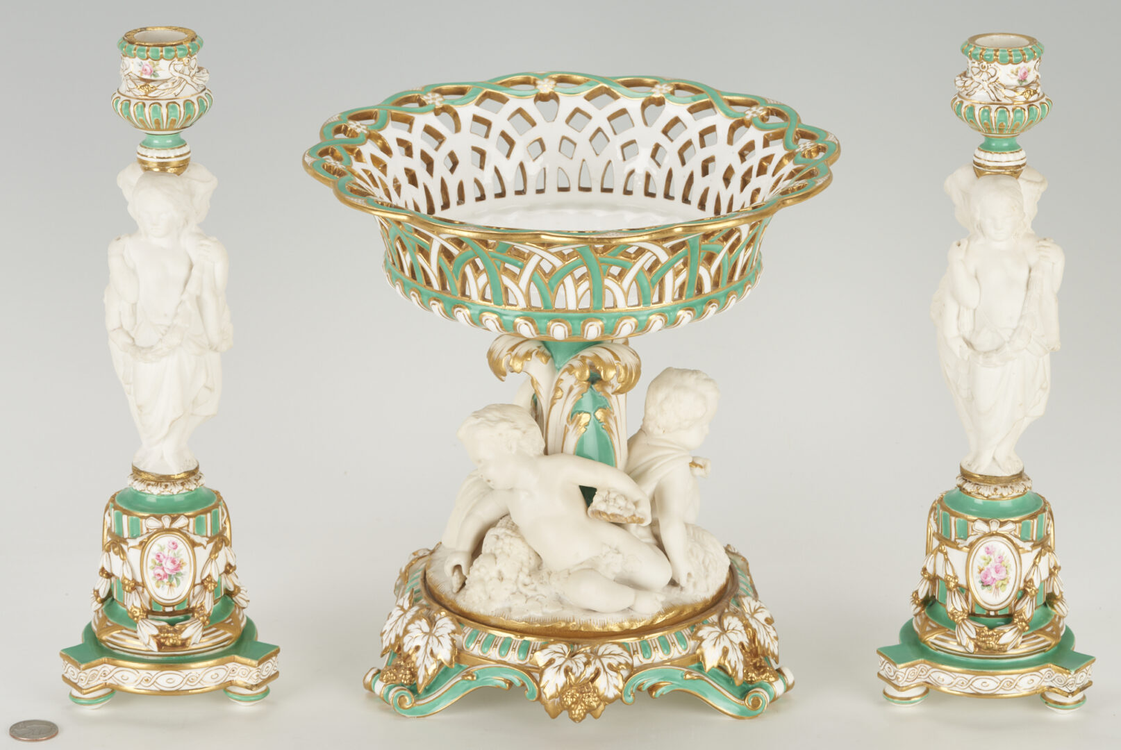 Lot 248: Minton Figural Porcelain Centerpiece w/ Pair of Candlesticks