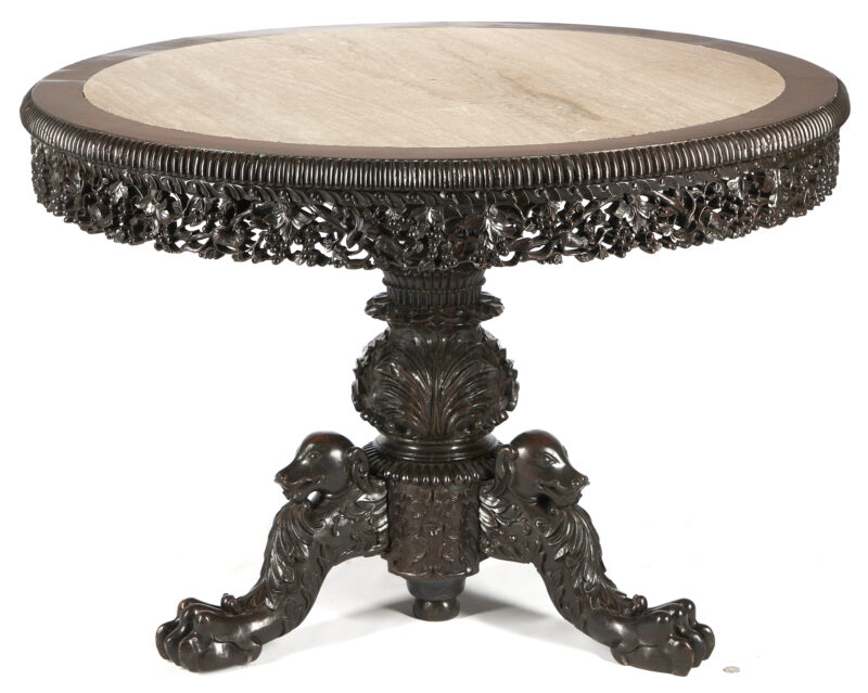 Lot 24: 19th C. Figural Carved Center Table with Marble Top, Dogs, Birdcage