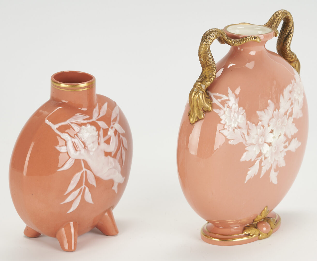 Lot 255: 2 Moore Brothers Pate Sur Pate Moon Flask Vases, Pink Grounds