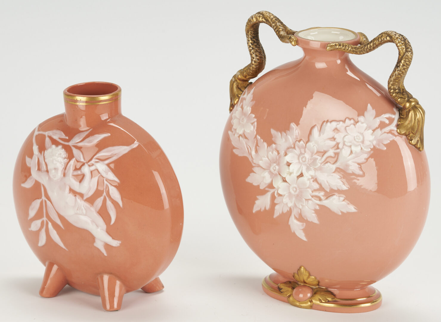 Lot 255: 2 Moore Brothers Pate Sur Pate Moon Flask Vases, Pink Grounds