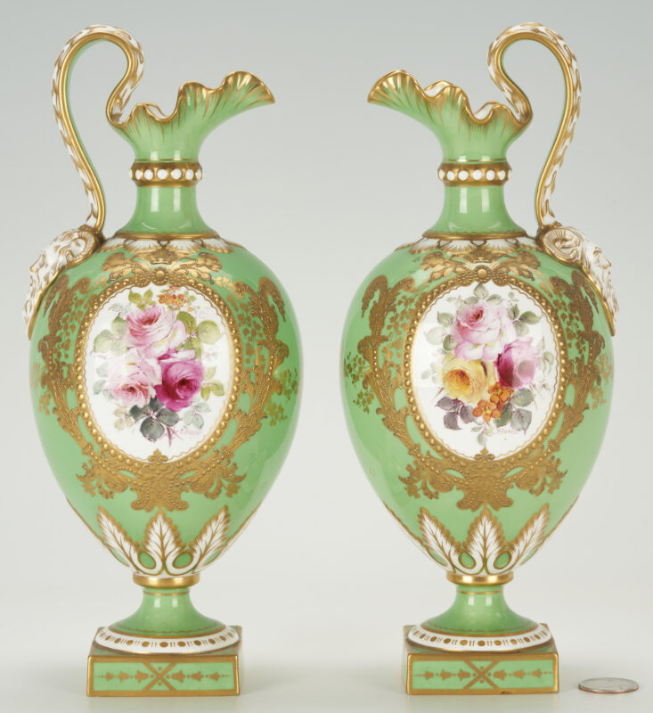 Lot 259: Pr. Royal Crown Derby Porcelain Ewers, Artist Signed