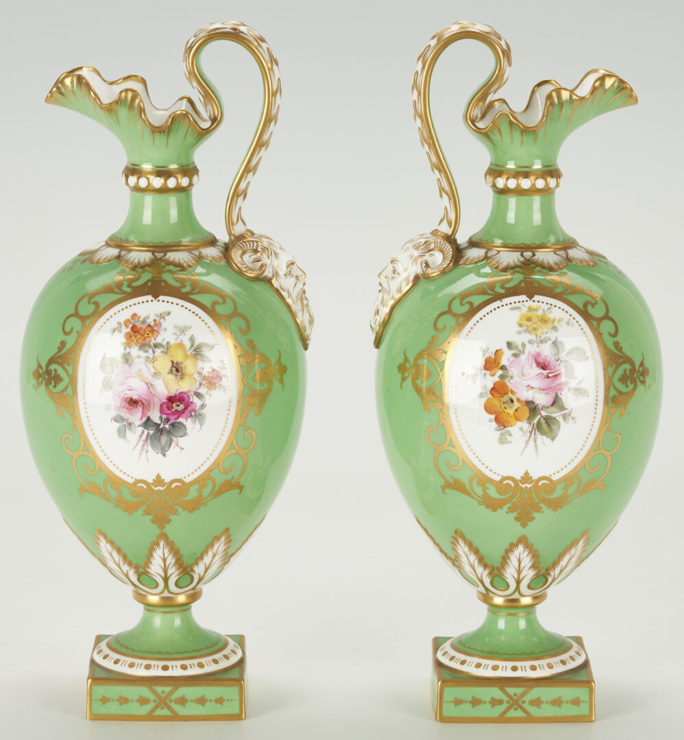 Lot 259: Pr. Royal Crown Derby Porcelain Ewers, Artist Signed