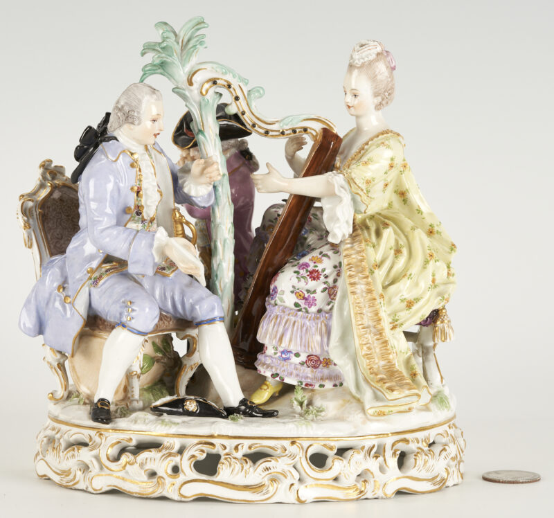 Lot 266: Meissen Porcelain Musical Figural Group w/ Harpist