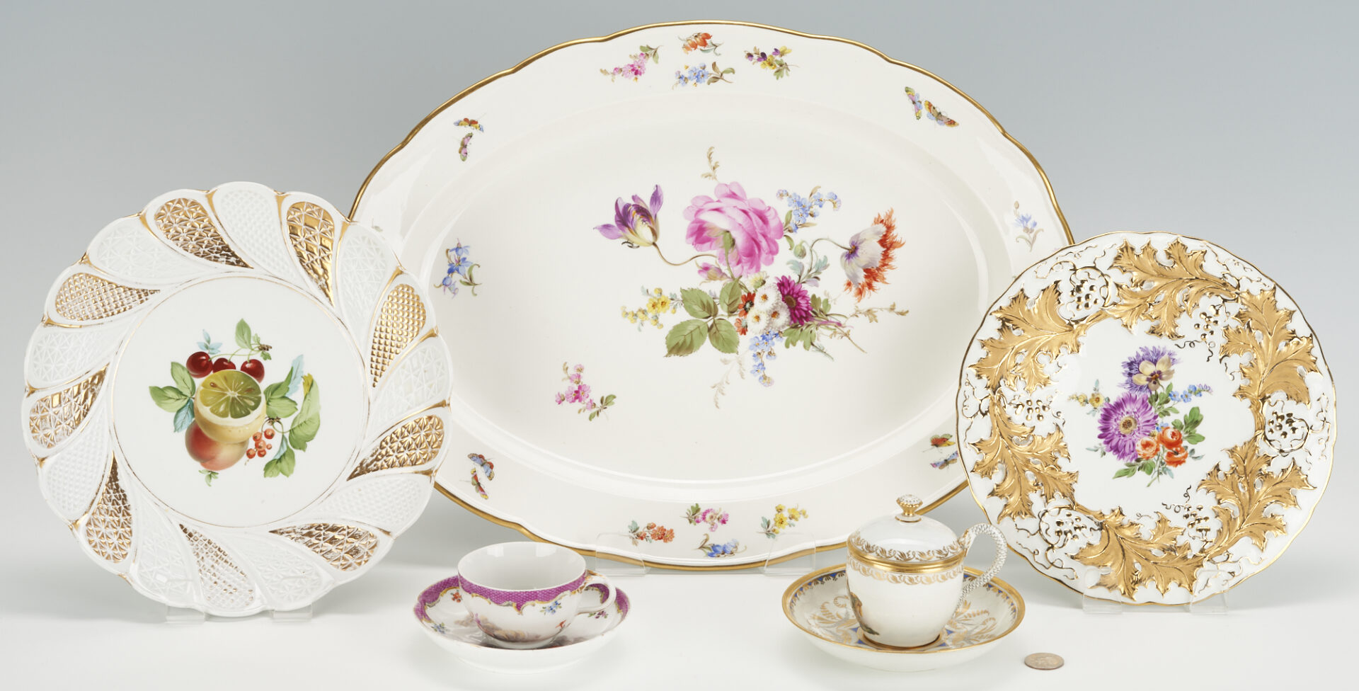 Lot 268: 7 pcs. Meissen Porcelain, incl. Large Platter, Plates, Cups & Saucers