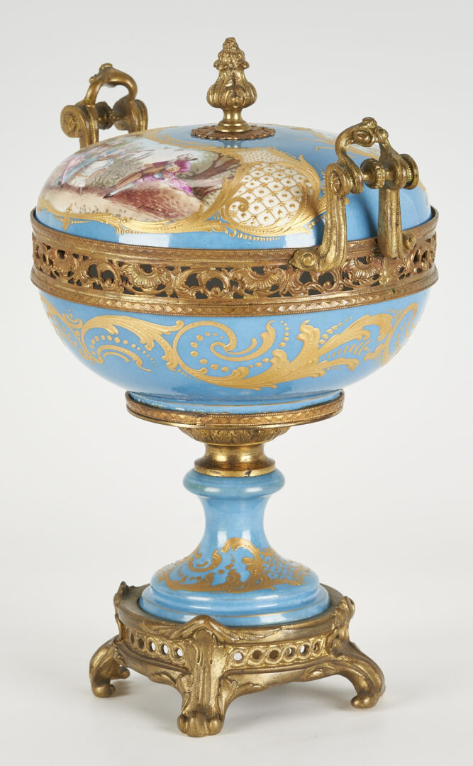 Lot 275: 3 Blue & Gilt Porcelain Items, incl. French Sevres Bronze Mounted Urn