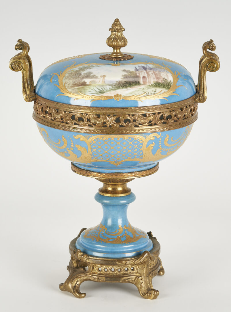 Lot 275: 3 Blue & Gilt Porcelain Items, incl. French Sevres Bronze Mounted Urn