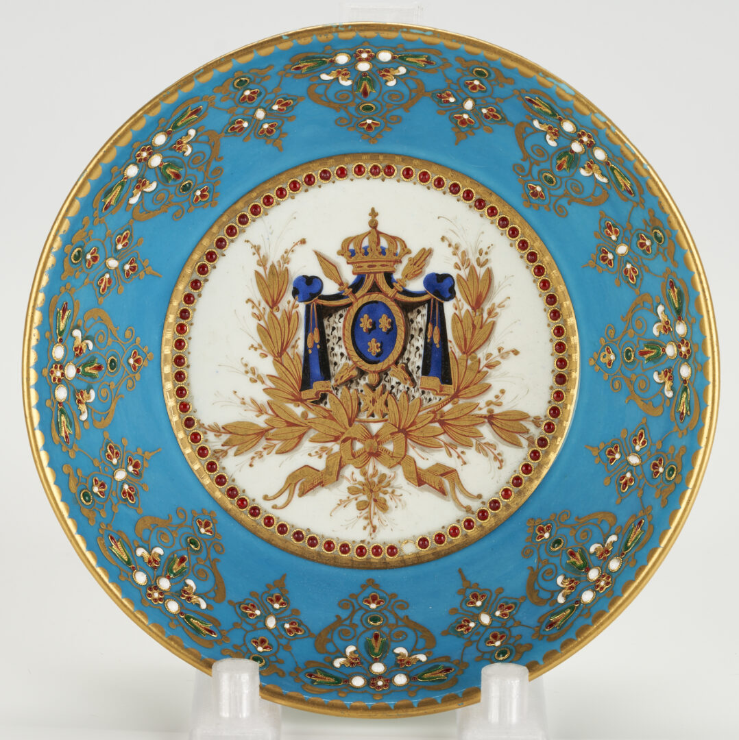 Lot 278: 3 pcs. French Sevres Style Porcelain, Portrait Cup, Armorial Saucer, & Plate
