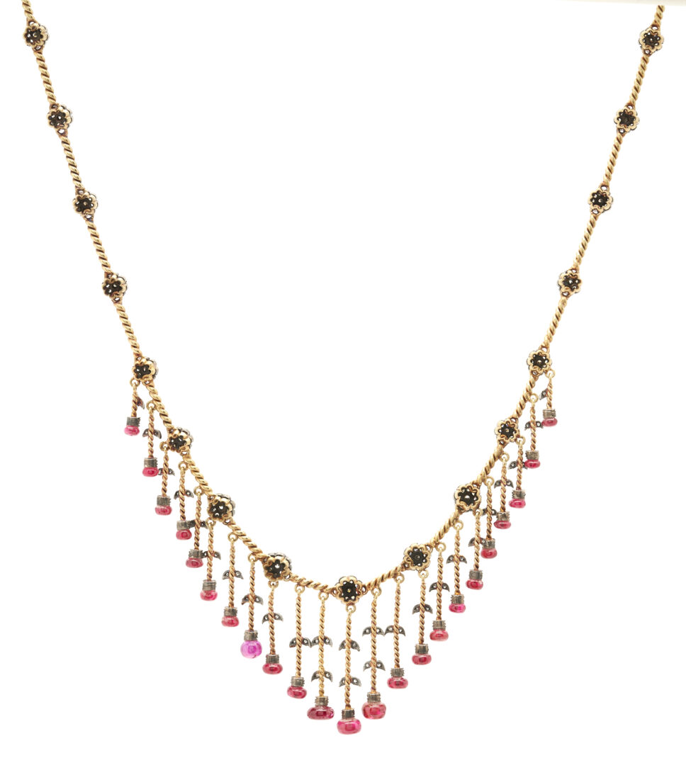 Lot 296: Ladies 18K, Ruby & Diamond Fringe Necklace