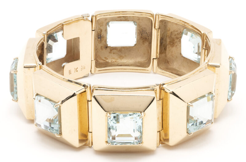 Lot 32: Designer 14K Gold & Aquamarine Bracelet