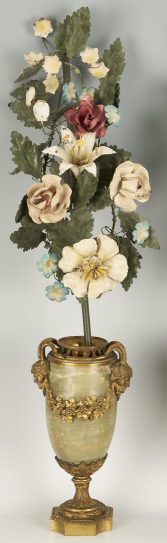 Lot 343: Pr. French Ormulu Onyx Vases w/ Tole Floral Bouquets, 4 pcs.