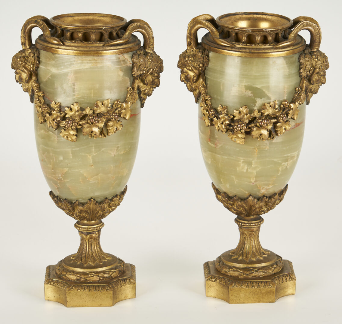 Lot 343: Pr. French Ormulu Onyx Vases w/ Tole Floral Bouquets, 4 pcs.