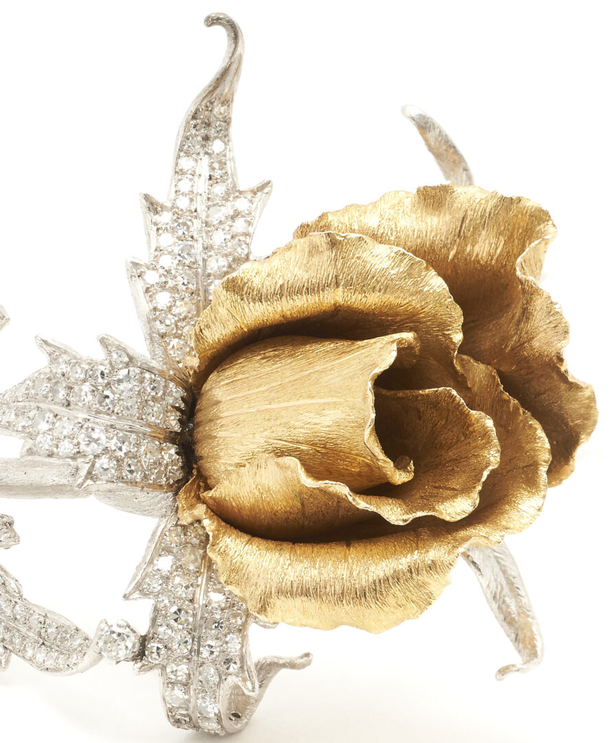 Lot 34: 18K Gold & Diamond Rose Brooch