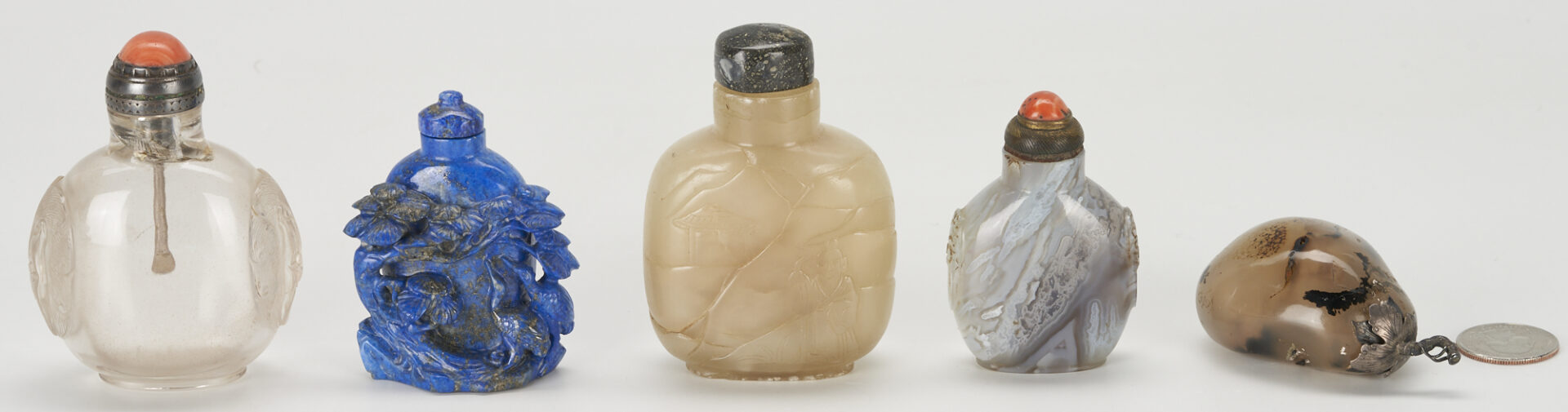 Lot 3: 5 Carved Asian Snuff Bottles, incl. Lapis, Rock Quartz, Hardstone, Agate