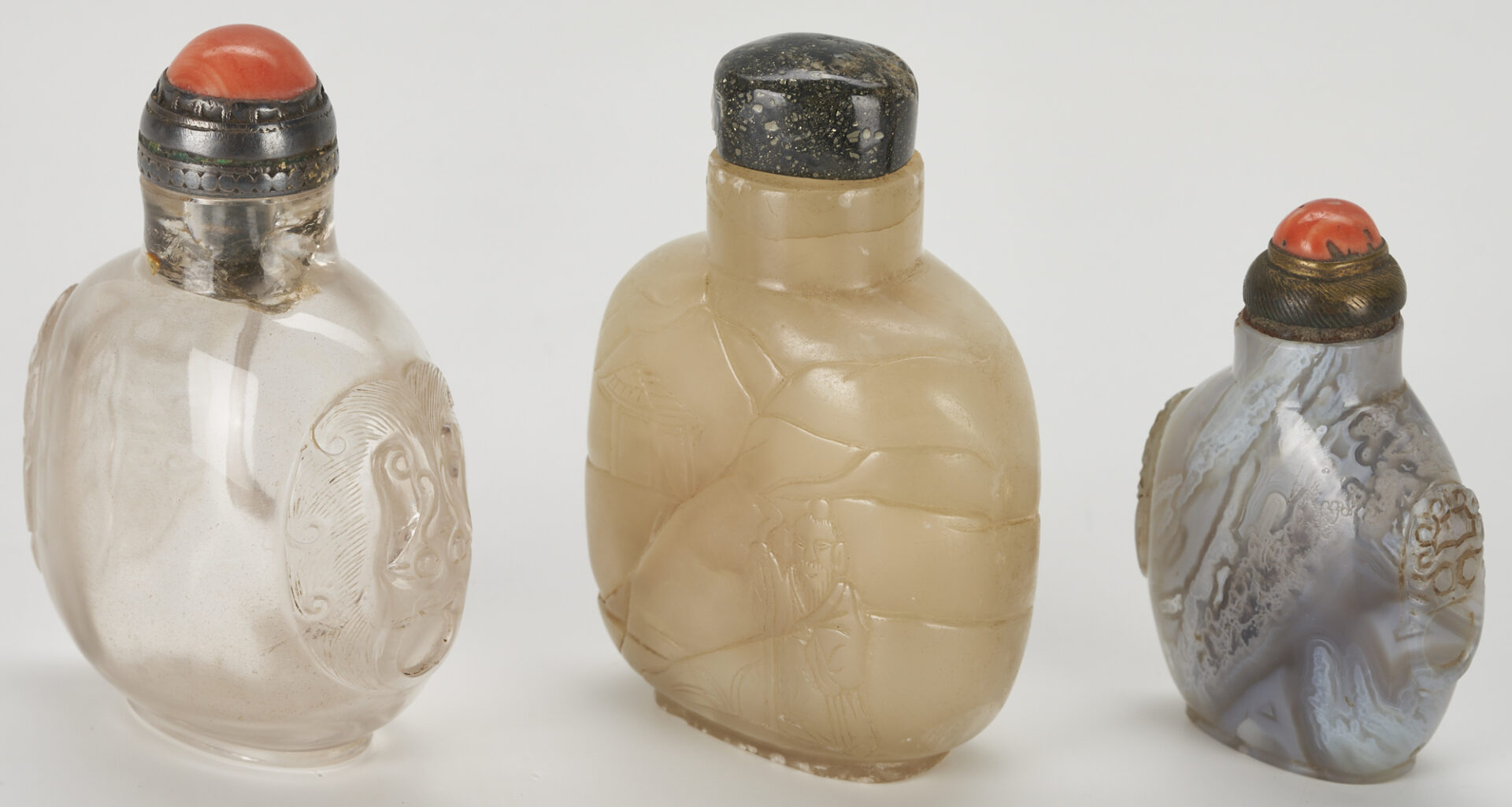 Lot 3: 5 Carved Asian Snuff Bottles, incl. Lapis, Rock Quartz, Hardstone, Agate