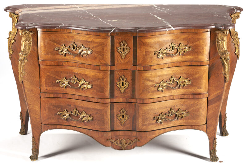 Lot 424: Louis XV Style Marquetry Commode Rouge Marble Top
