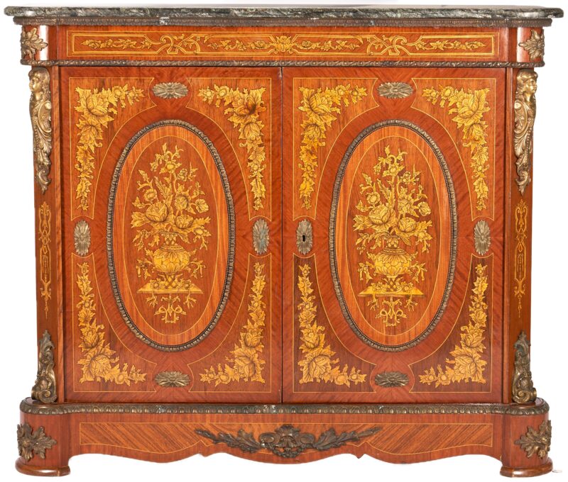 Lot 425: Louis XV Style Marble Topped Cabinet w/ Intarsia & Gilt Bronze Mounts
