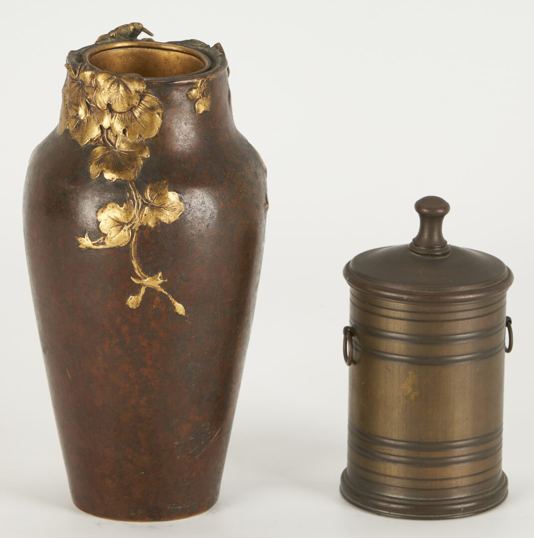 Lot 430: Tiffany Bronze Cigarette Box & F. Debon Art Nouveau Bronze Vase
