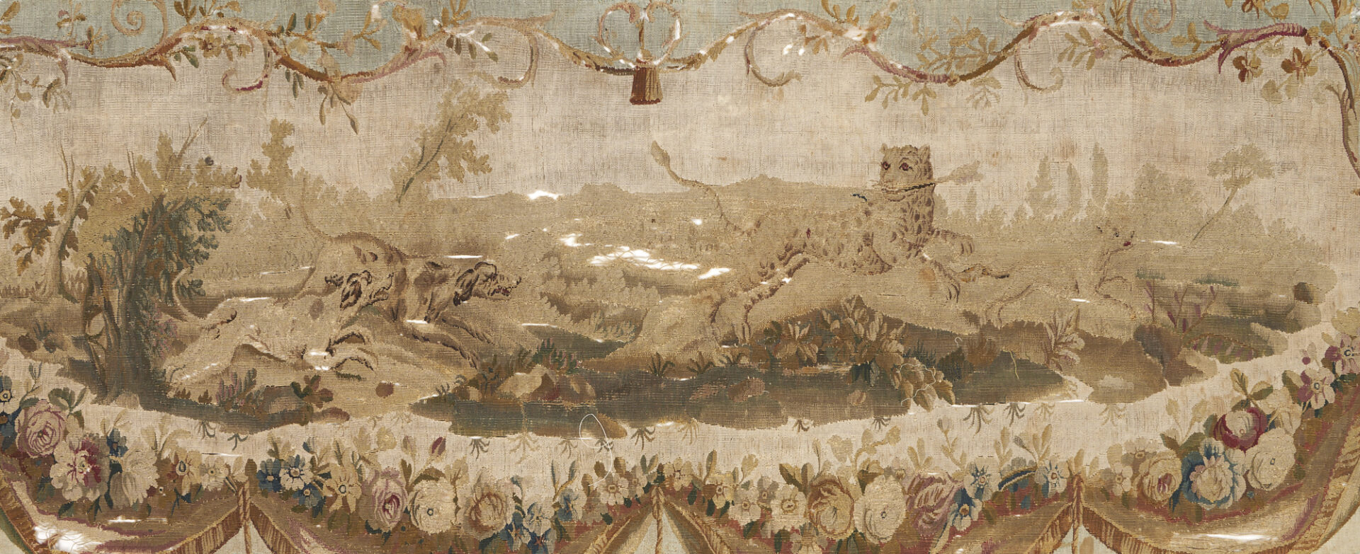 Lot 432: 18th c. Aubusson Tapestry, Dogs Hunting Leopard