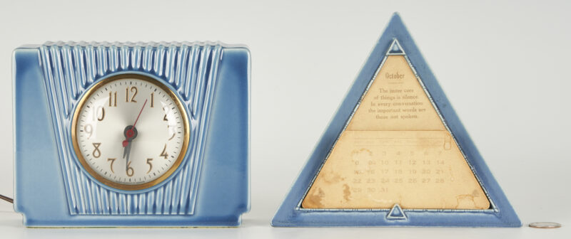 Lot 445: 2 Blue Rookwood Art Pottery Items, incl. Mid Century Clock & Art Deco Perpetual Calendar