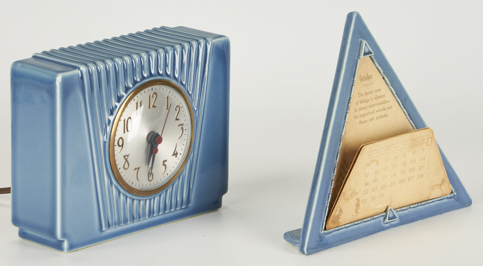 Lot 445: 2 Blue Rookwood Art Pottery Items, incl. Mid Century Clock & Art Deco Perpetual Calendar