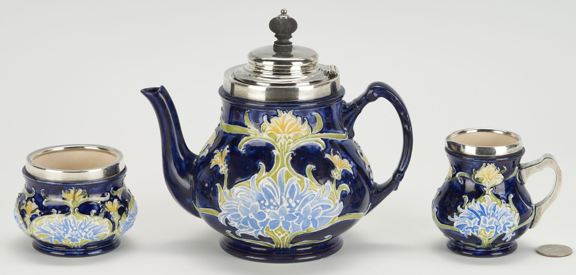Lot 451: Rare Moorcroft Florian Ware Sterling-Mounted Tea-Set c. 1899